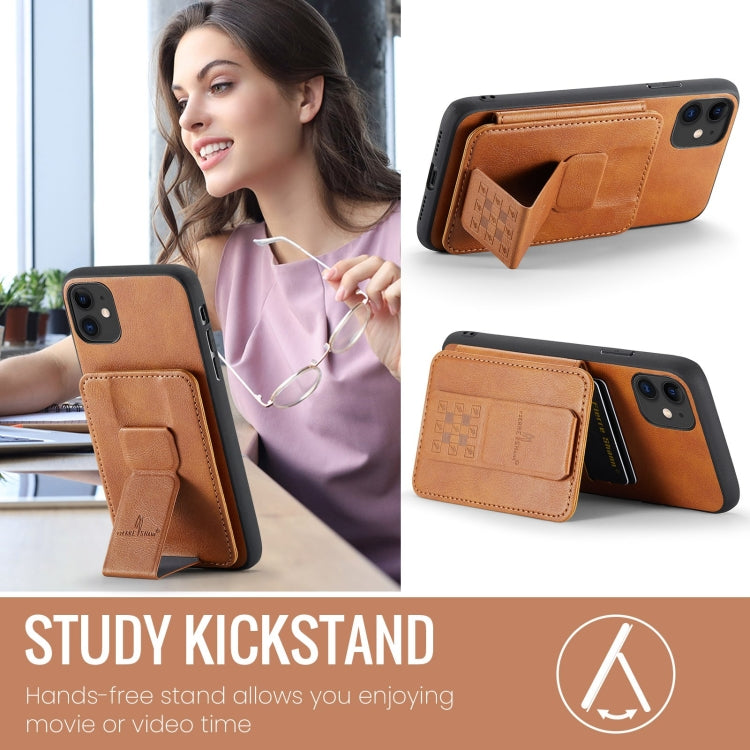 For iPhone 11 Fierre Shann Oil Wax Cow Leather Card Holder Back Phone Case(Brown)