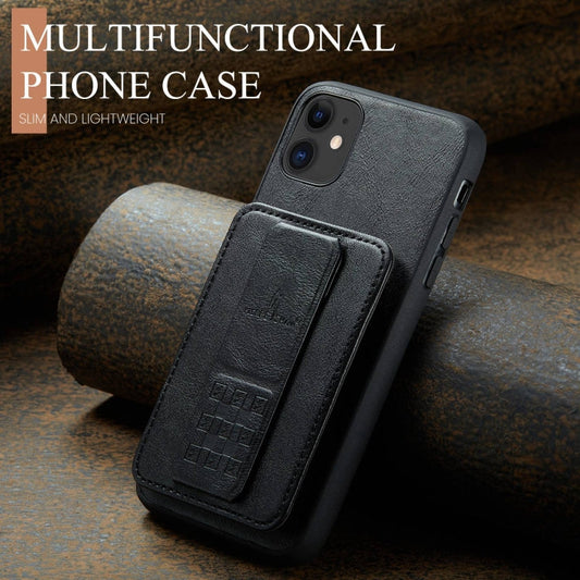 For iPhone 11 Pro Fierre Shann Oil Wax Cow Leather Card Holder Back Phone Case(Black)