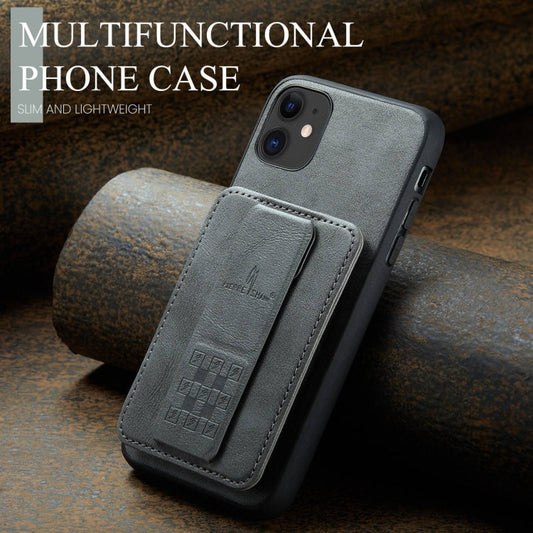 For iPhone 11 Pro Fierre Shann Oil Wax Cow Leather Card Holder Back Phone Case(Grey)