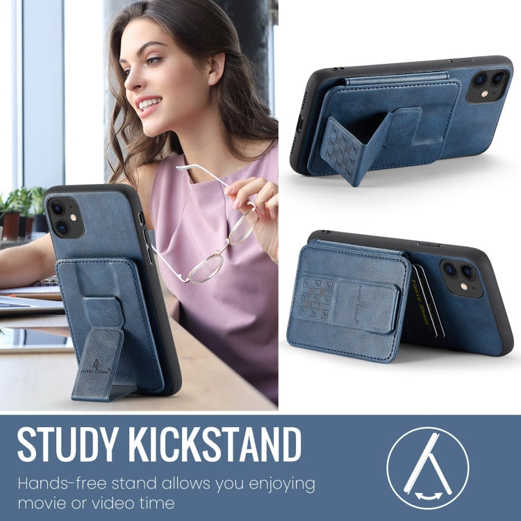 For iPhone 11 Pro Fierre Shann Oil Wax Cow Leather Card Holder Back Phone Case(Blue)