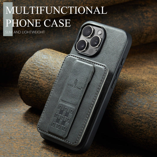 For iPhone 16 Pro Max Fierre Shann Oil Wax Cow Leather Card Holder Back Phone Case(Grey)