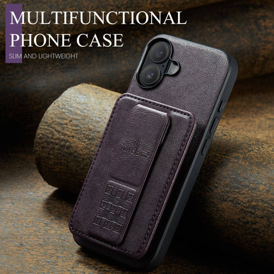For iPhone 16 Plus Fierre Shann Oil Wax Cow Leather Card Holder Back Phone Case(Purple)