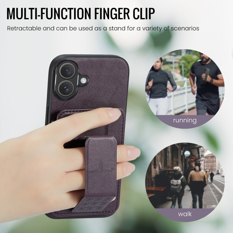 For iPhone 16 Fierre Shann Oil Wax Cow Leather Card Holder Back Phone Case(Purple)