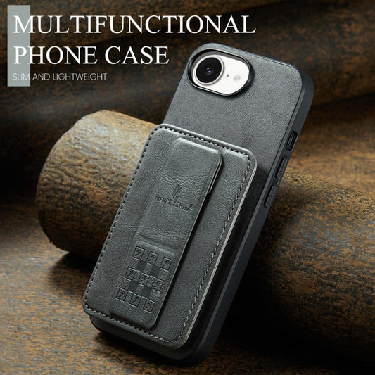 For iPhone 17e / 16e Fierre Shann Oil Wax Cow Leather Card Holder Back Phone Case(Grey)