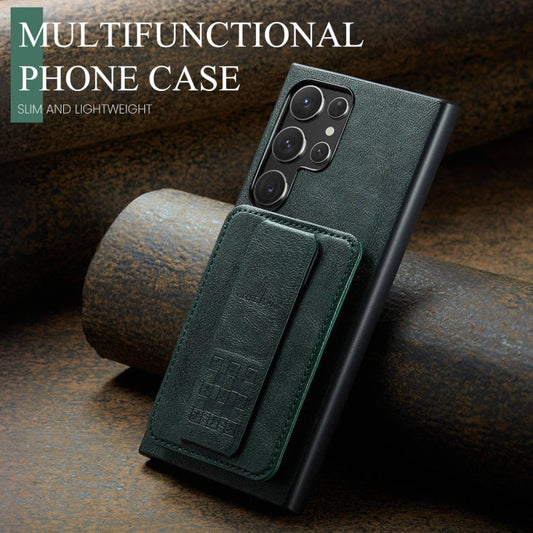 Pour Samsung Galaxy S22 Ultra 5G Fierre Shann Étui de téléphone arrière en cuir de vachette ciré avec porte-cartes (vert)