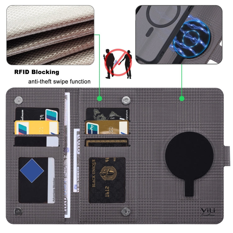 For iPhone 15 Plus ViLi GHA Series Shockproof MagSafe RFID Leather Attraction Horizontal Flip Phone Case(Grey)