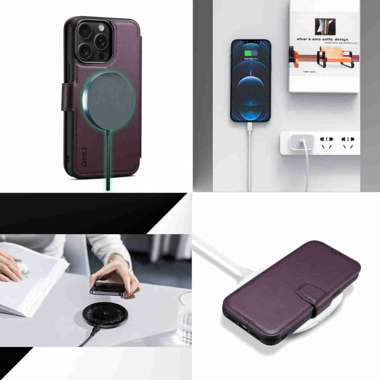 For iPhone 15 ESEBLE E1 Nappa Texture MagSafe Holder Leather Phone Case(Dark Purple)