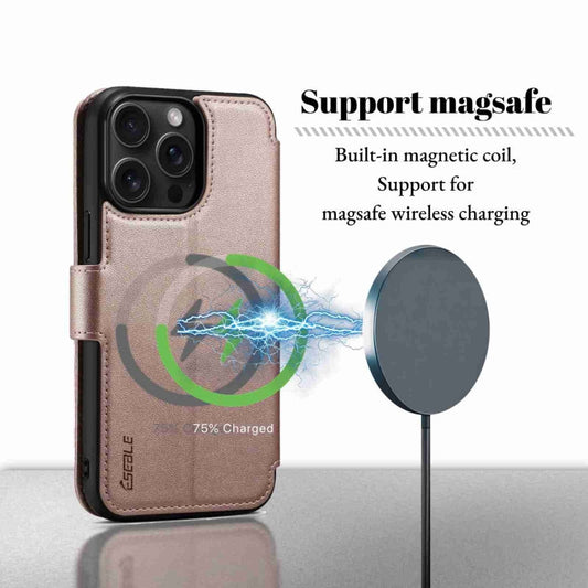 Pour iPhone 15 Pro ESEBLE E1 Coque en cuir texturé Nappa avec support MagSafe (Or Rose)