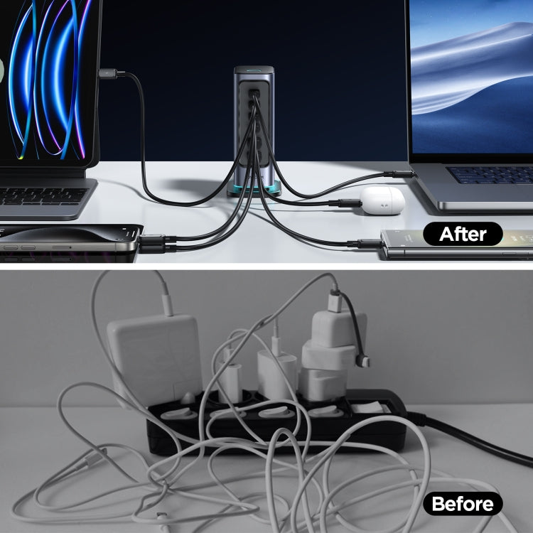 JOYROOM JR-TCM02 6 in 1 65W GaN 4 USB-C & 2 USB-A Multi-port Charger, Power Plug:UK Plug(Dark Gray)