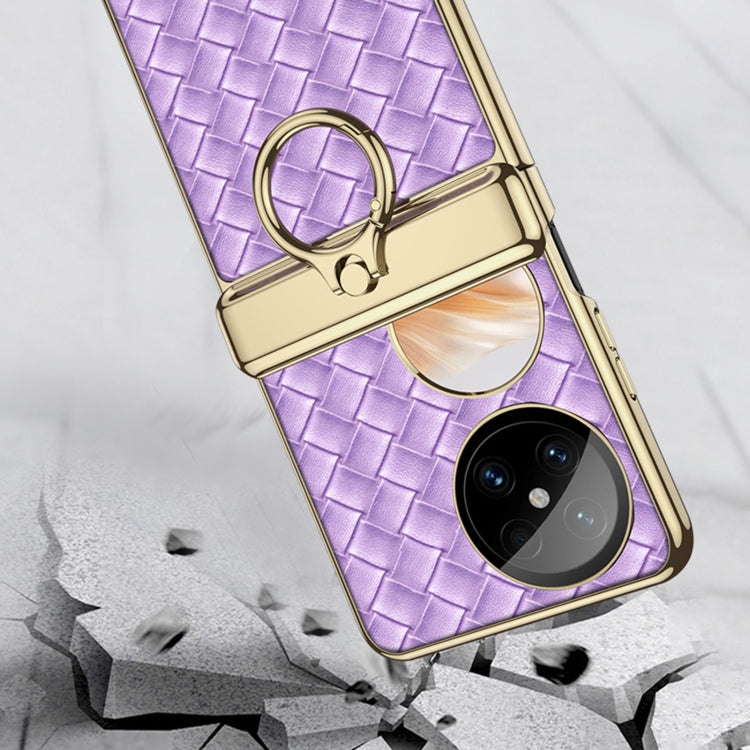 For Huawei Pocket 2 GKK Magnetic Shaft Electroplated Plain Leather Woven Texture Phone Case with Ring(Champagne Gold)