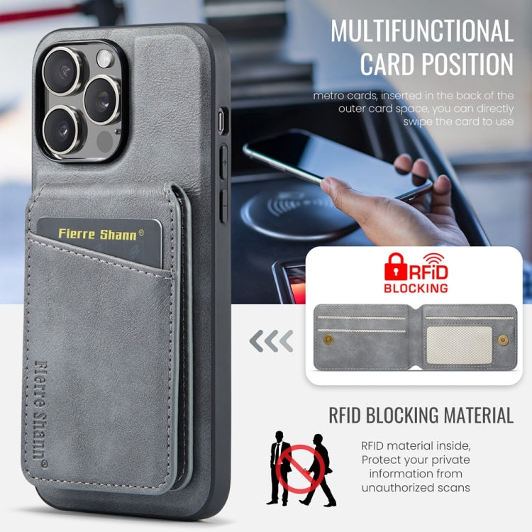 For iPhone 14 Pro Max Fierre Shann Cowhide Vertical Flip Magnetic Card Holder Phone Case(Grey)