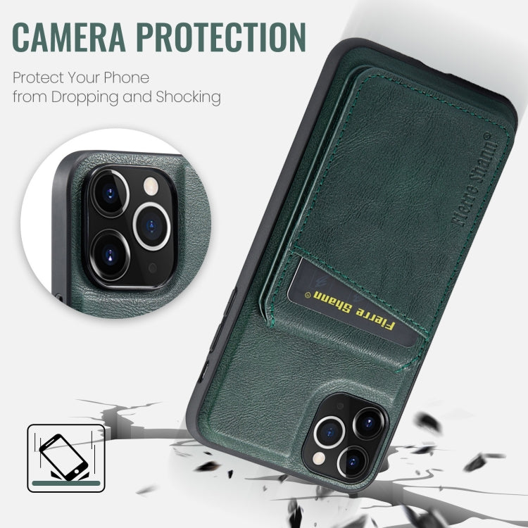 For iPhone 11 Pro Max Fierre Shann Cowhide Vertical Flip Magnetic Card Holder Phone Case(Green)