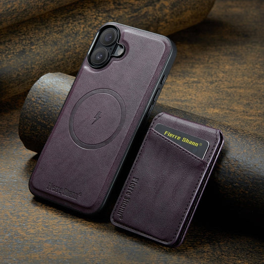 For iPhone 16 Fierre Shann Cowhide Vertical Flip Magnetic Card Holder Phone Case(Purple)