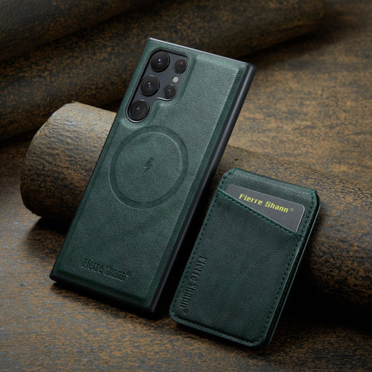 For Samsung Galaxy S23 Ultra 5G Fierre Shann Cowhide Vertical Flip Magnetic Card Holder Phone Case(Green)