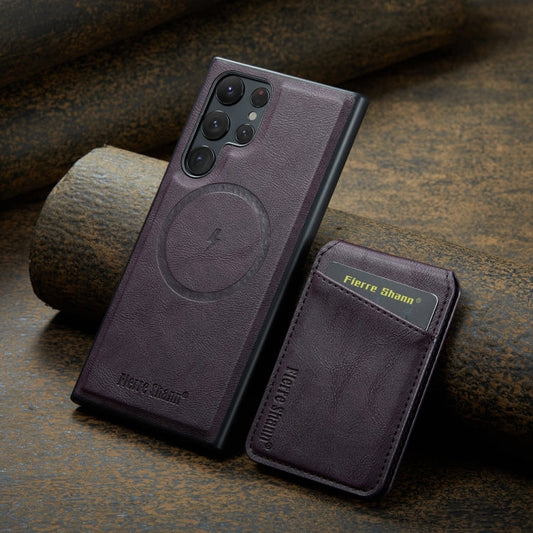 For Samsung Galaxy S23 Ultra 5G Fierre Shann Cowhide Vertical Flip Magnetic Card Holder Phone Case(Purple)
