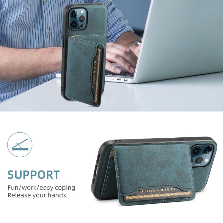 For iPhone 12 Pro Max Denior D13 Retro Texture Leather MagSafe Card Bag Phone Case(Blue)