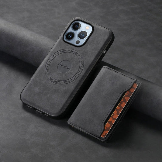 Pour iPhone 13 Pro Étui de téléphone en cuir texturé rétro Denior D13 avec MagSafe et porte-cartes (Noir)