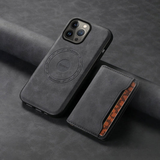Pour iPhone 13 Pro Max Étui de téléphone en cuir texturé rétro Denior D13 avec fente pour cartes MagSafe (Noir)