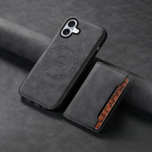Pour iPhone 16 Denior D13 Étui de téléphone avec pochette pour cartes MagSafe en cuir texturé rétro (Noir)