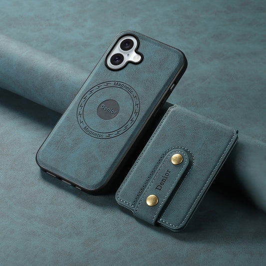 Pour iPhone 16 Denior D14 NK Étui de téléphone en cuir avec porte-cartes magnétique MagSafe à motif rétro (Bleu)
