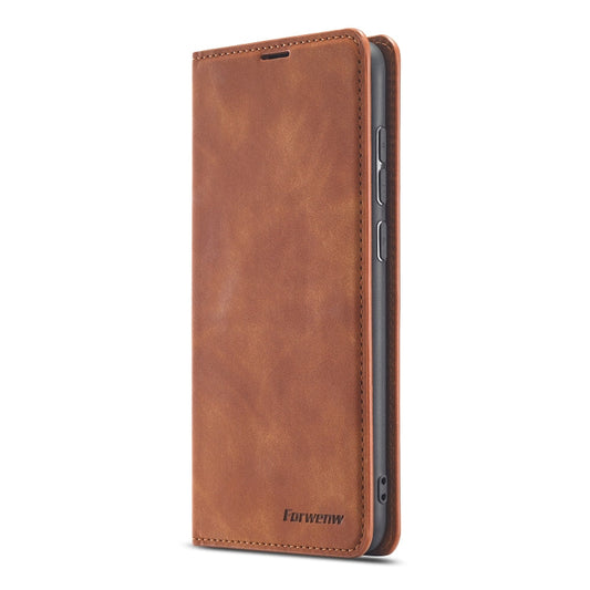 Pour Xiaomi Redmi Note 9 Étui en cuir à rabat horizontal Forwenw Dream Series Oil Edge avec forte magnétisme, support, fentes pour cartes, portefeuille et cadre photo (marron)