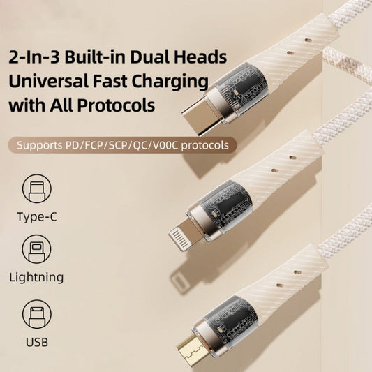 ROCK G20 Two to Three 5A USB+Type-C to 8 Pin+Type-C+Micro USB Fast Charging Data Cable, Length: 1.5m(Beige)