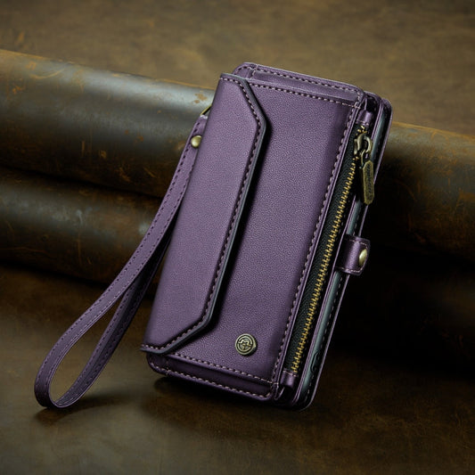 Pour iPhone 15 Pro Max Étui portefeuille CaseMe C36 avec fentes pour cartes et fermeture éclair, en cuir anti-vol RFID (violet)