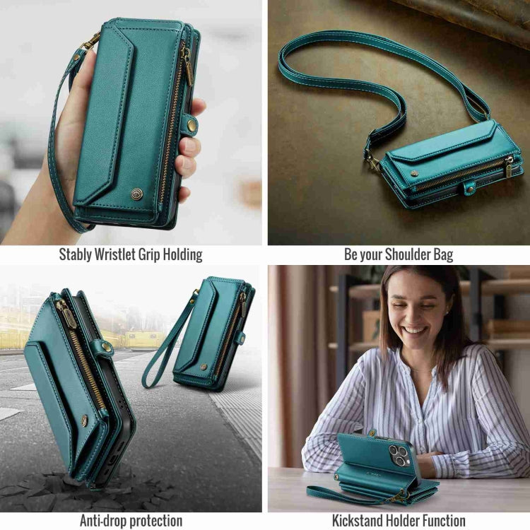 For iPhone 15 Pro Max CaseMe C36 Card Slots Zipper Wallet RFID Anti-theft Leather Phone Case(Blue-green)