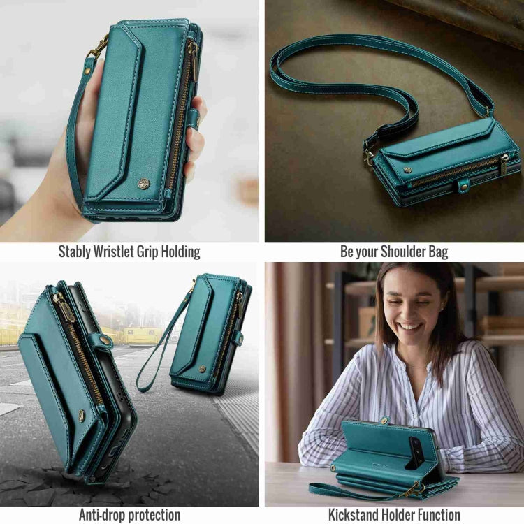 Pour Samsung Galaxy S10 Étui portefeuille en cuir CaseMe C36 avec emplacements pour cartes, fermeture éclair, anti-vol RFID (bleu-vert)