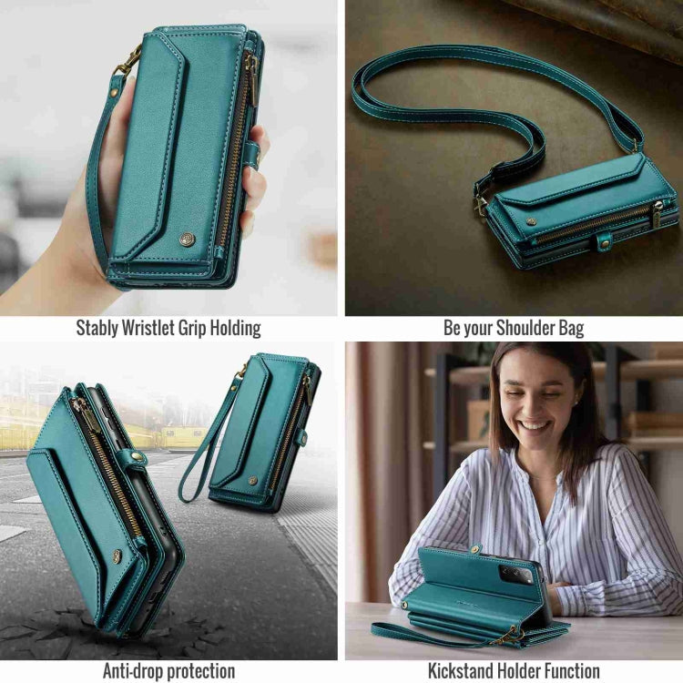 Pour Samsung Galaxy S20 FE Étui portefeuille à fermeture éclair CaseMe C36 avec emplacements pour cartes et protection RFID en cuir anti-vol (Bleu-vert)