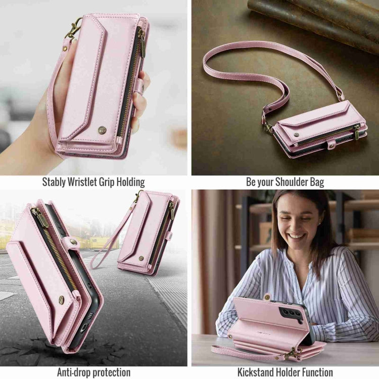Pour Samsung Galaxy S21 5G Coque en cuir CaseMe C36 avec emplacements pour cartes, portefeuille zippé et protection RFID antivol (rose)