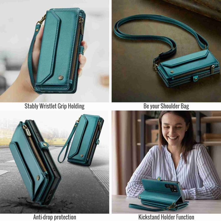 For Samsung Galaxy S22 Ultra 5G CaseMe C36 Card Slots Zipper Wallet RFID Anti-theft Leather Phone Case(Blue-green)