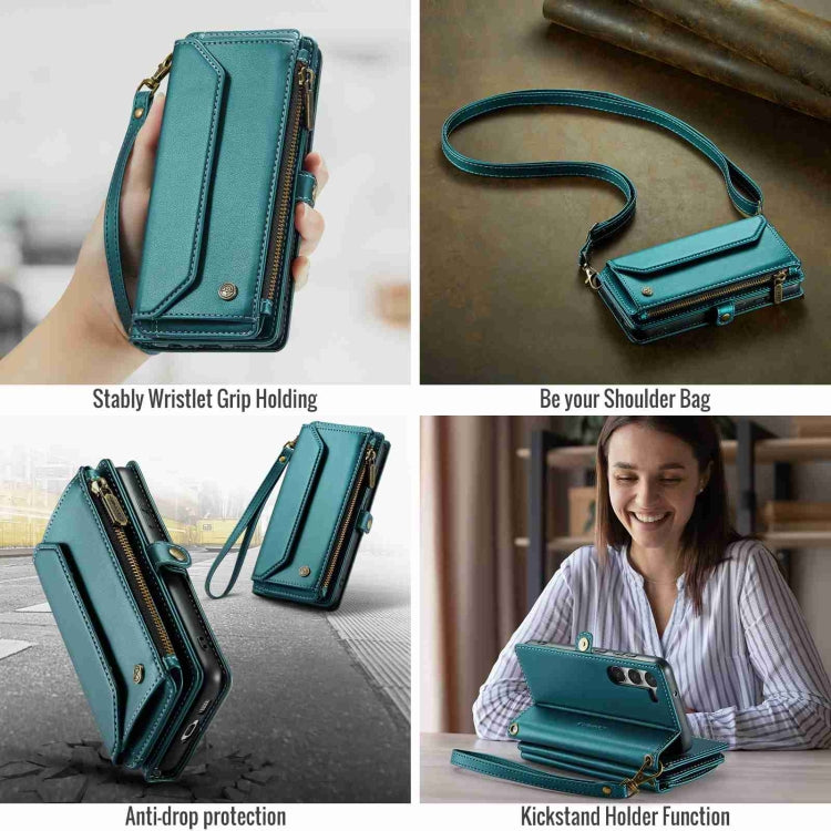 For Samsung Galaxy S23 5G CaseMe C36 Card Slots Zipper Wallet RFID Anti-theft Leather Phone Case(Blue-green)