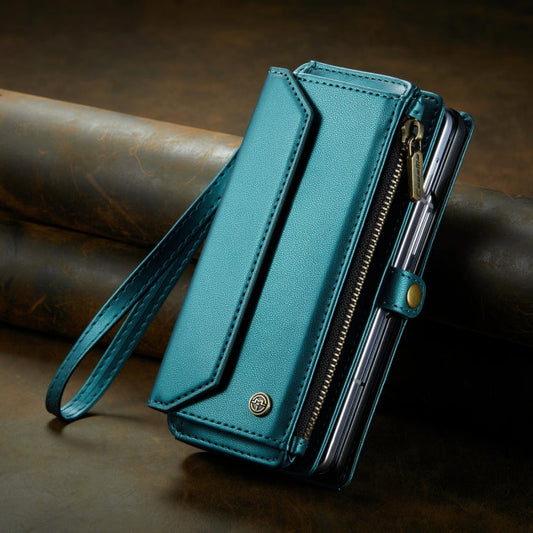 For Samsung Galaxy Z Fold3 CaseMe C36 Card Slots Zipper Wallet RFID Anti-theft Leather Phone Case(Blue-green)