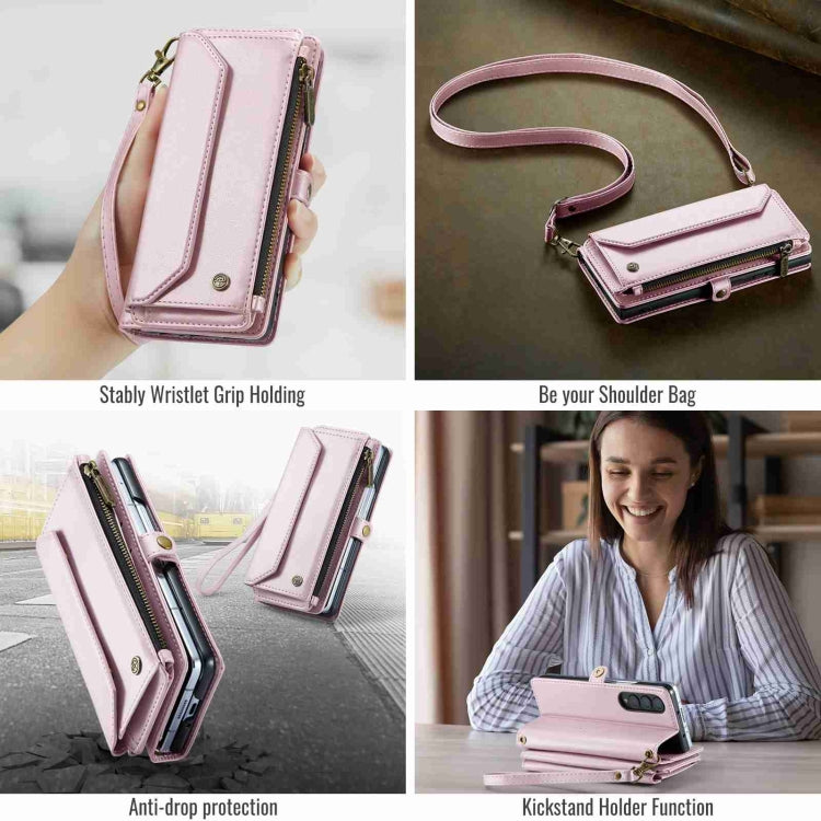 For Samsung Galaxy Z Fold3 CaseMe C36 Card Slots Zipper Wallet RFID Anti-theft Leather Phone Case(Pink)