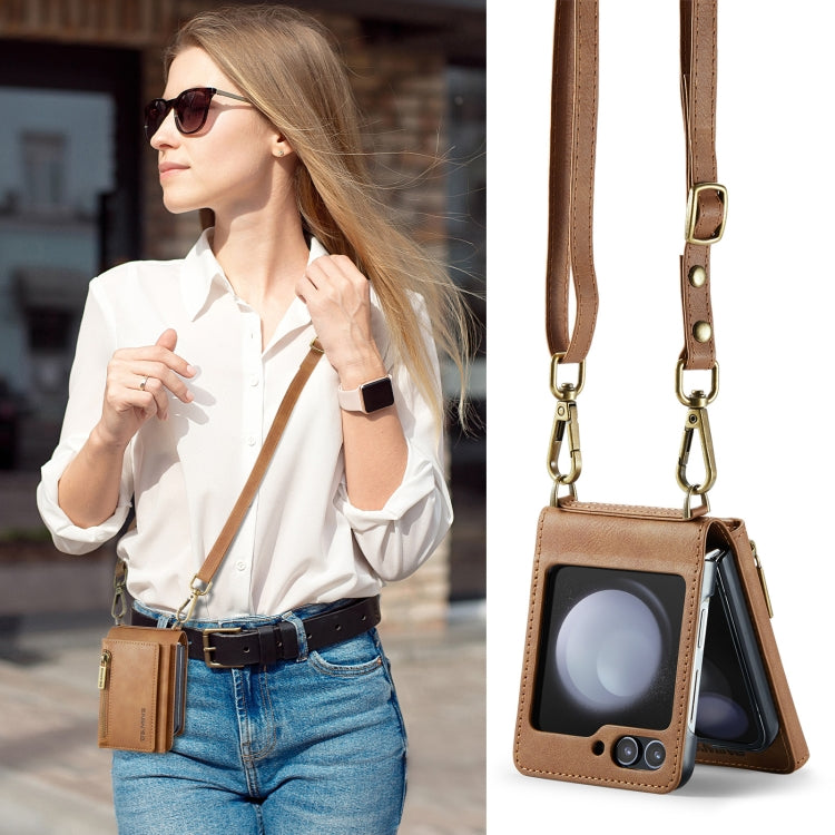 For Samsung Galaxy Z Flip5 5G DG.MING M5 Series Zip RFID Multi Card Detachable Leather Phone Case with Long Lanyard(Brown)