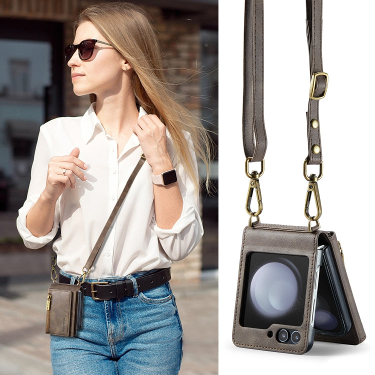 For Samsung Galaxy Z Flip5 5G DG.MING M5 Series Zip RFID Multi Card Detachable Leather Phone Case with Long Lanyard(Coffee)