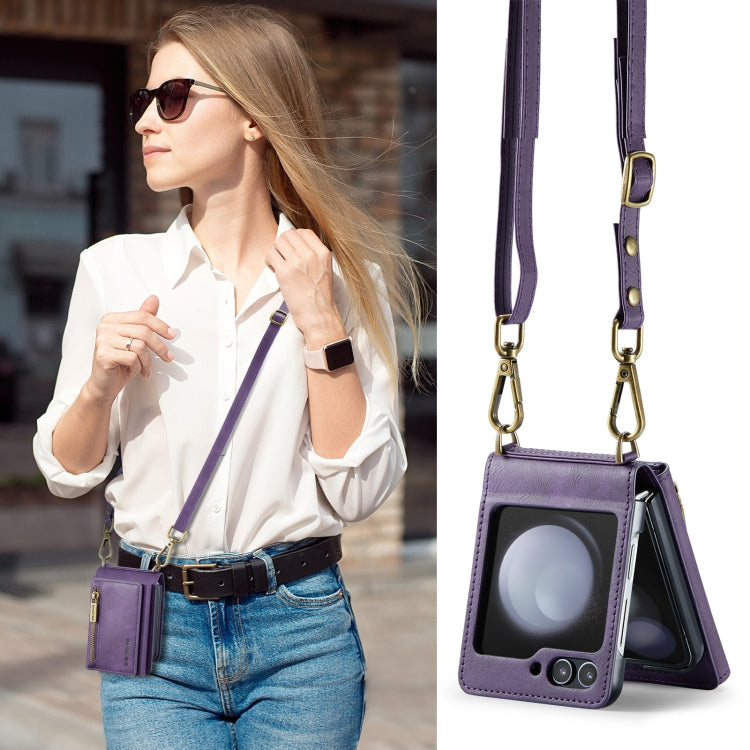 For Samsung Galaxy Z Flip5 5G DG.MING M5 Series Zip RFID Multi Card Detachable Leather Phone Case with Long Lanyard(Purple)