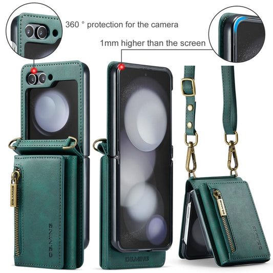 For Samsung Galaxy Z Flip5 5G DG.MING M5 Series Zip RFID Multi Card Detachable Leather Phone Case with Long Lanyard(Green)