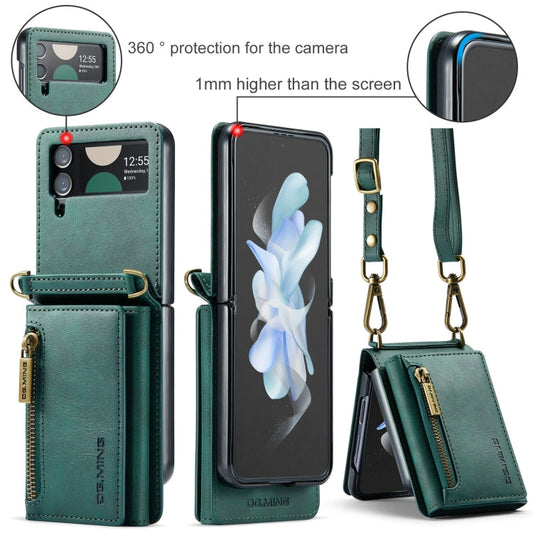 For Samsung Galaxy Z Flip4 5G DG.MING M5 Series Zip RFID Multi Card Detachable Leather Phone Case with Long Lanyard(Green)
