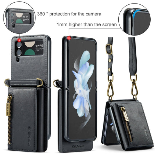 For Samsung Galaxy Z Flip3 5G DG.MING M5 Series Zip RFID Multi Card Detachable Leather Phone Case with Long Lanyard(Black)