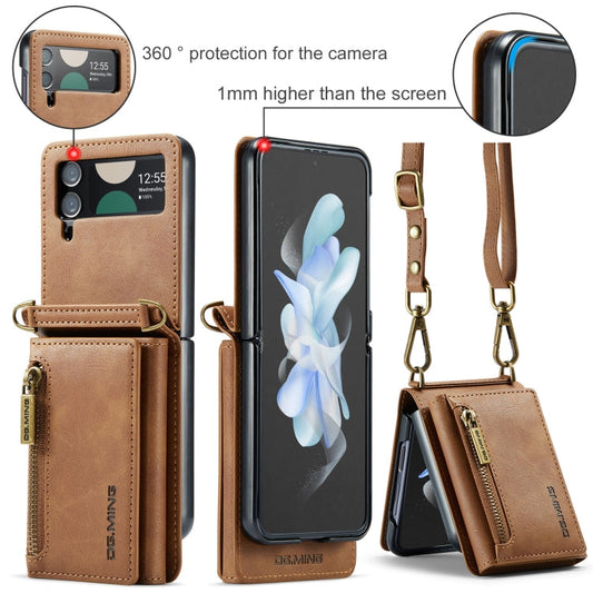 For Samsung Galaxy Z Flip3 5G DG.MING M5 Series Zip RFID Multi Card Detachable Leather Phone Case with Long Lanyard(Brown)
