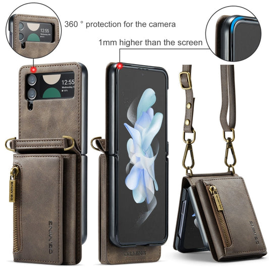 For Samsung Galaxy Z Flip3 5G DG.MING M5 Series Zip RFID Multi Card Detachable Leather Phone Case with Long Lanyard(Coffee)
