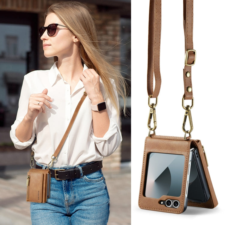 For Samsung Galaxy Z Flip6 DG.MING M5 Series Zip RFID Multi Card Detachable Leather Phone Case with Long Lanyard(Brown)