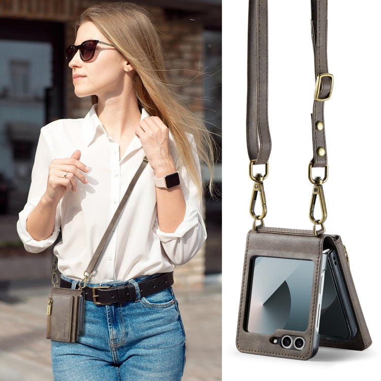 For Samsung Galaxy Z Flip6 DG.MING M5 Series Zip RFID Multi Card Detachable Leather Phone Case with Long Lanyard(Coffee)