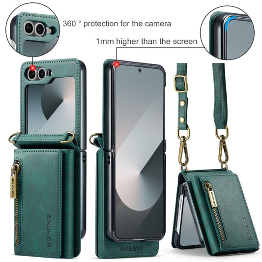 Pour Samsung Galaxy Z Flip6 DG.MING M5 Series Étui de téléphone en cuir détachable avec fermeture éclair, protection RFID et plusieurs fentes pour cartes, avec cordon long (vert)