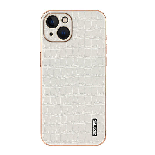 Pour iPhone 13 AZNS Coque de téléphone à couverture complète avec cadre électrolytique et texture crocodile (Blanc)