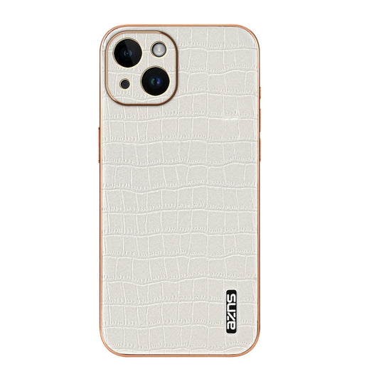 Pour iPhone 14 Plus Étui de téléphone à couverture complète AZNS avec cadre électroplaqué et texture crocodile (Blanc)