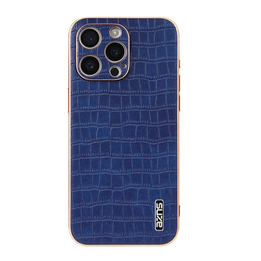 For iPhone 15 Pro AZNS Electroplated Frame Crocodile Texture Full Coverage Phone Case(Blue)