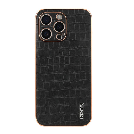 For iPhone 15 Pro Max AZNS Electroplated Frame Crocodile Texture Full Coverage Phone Case(Black)